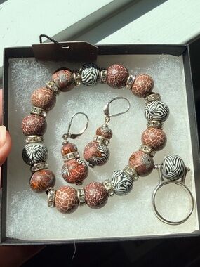 SHE BEADS Brown & Black Zebra Clay Bead Bracelet, Earrings and Ring Set, 925